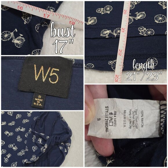 W5 ✦ Womens Navy Cold Shoulder Top S ✦ Rayon Bicycle Print Casual Pullover - Picture 9 of 11